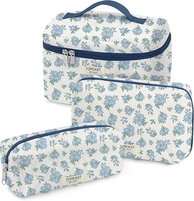 TOPEAST Makeup Bag for Women Girl, 3Pcs Large Cotton Travel Make up Bags, Cute Quilted Floral Cosmetic Pouch with Zipper, Potable Brushes Toiletry Bag Sets, Blue Floral
