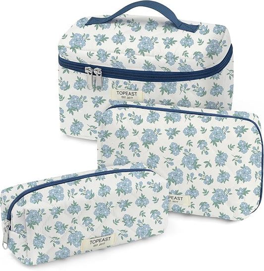 TOPEAST Makeup Bag for Women Girl, 3Pcs Large Cotton Travel Make up Bags, Cute Quilted Floral Cosmetic Pouch with Zipper, Potable Brushes Toiletry Bag Sets, Blue Floral