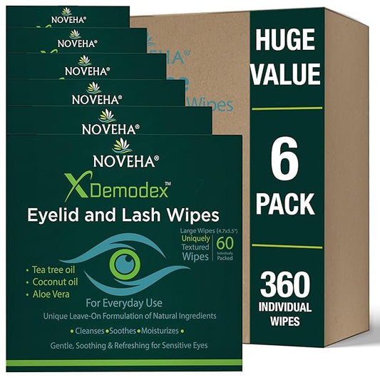NOVEHA 360PCs Demodex Eyelid & Lash Wipes | Box of 60 Individually Wrapped Extra Strength Cleansing Eyelash Wipes - Battles Irritated Eyes - Naturally Remove Debris (Pack of 6)