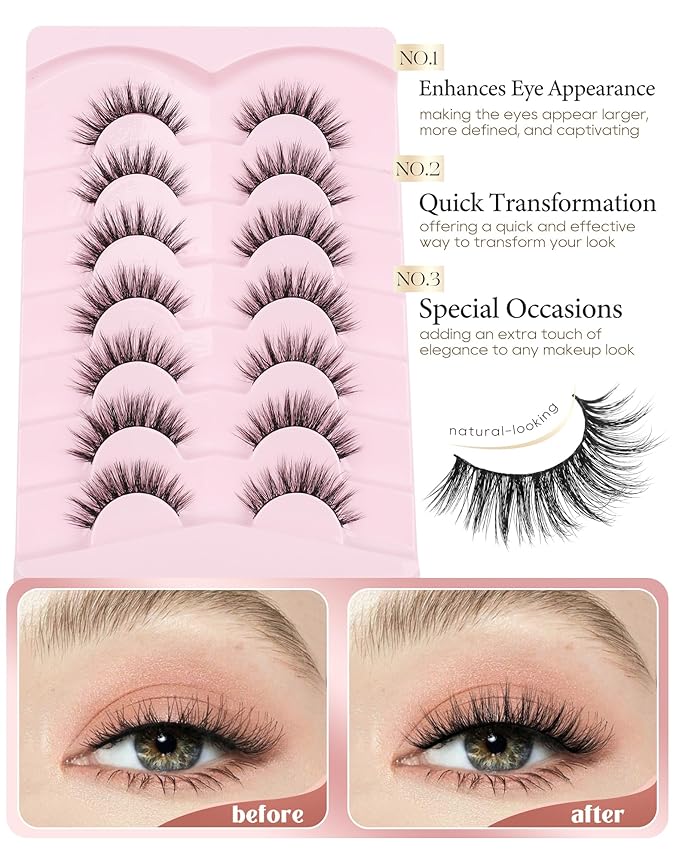 Onlyall Natural Lashes Wispy Lashes Natural Look False Eyelashes Natural Flared Eyelashes False Eye Lashes Soft Fluffy Lashes 7 Pairs D-K08