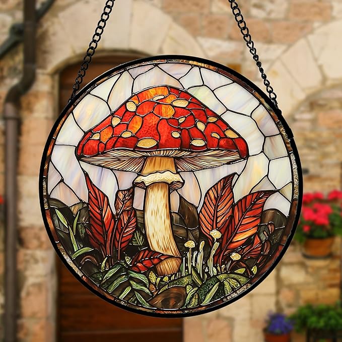 Stained Glass Window Hanging, Big Red Mushroom Suncatcher for Doors Home Sun Catchers Decoration and Christmas, Mother's Day Birthday Gifts for Women, Men, and Mom 9.8 in