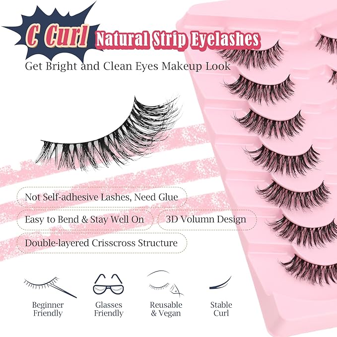 Wipsy Lashes Cat Eye 14MM False Eyelashes Natural Look C Curl Lash Strips 3D Volume Fake Eyelashes Thin Band Wispy Lashes Pack Siligli 7 Pair