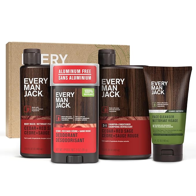 Every Man Jack Men’s Cedar + Red Sage Bath and Body Gift Set - Clean Ingredients & a Cedar, Sage, and Spice scent - Round Out His Routine with Men’s Body Wash, 2-in-1 Shampoo, Deodorant & Face Wash