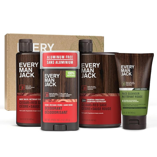 Every Man Jack Men’s Cedar + Red Sage Bath and Body Gift Set - Clean Ingredients & a Cedar, Sage, and Spice scent - Round Out His Routine with Men’s Body Wash, 2-in-1 Shampoo, Deodorant & Face Wash