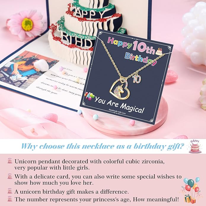 Hidepoo Birthday Unicorns Gifts for Girls - Unicorn Necklace Birthday Gift for 3-16 Year Old Girl Colorful CZ Heart Pendant Unicorn Necklace for Girls Gifts Jewelry