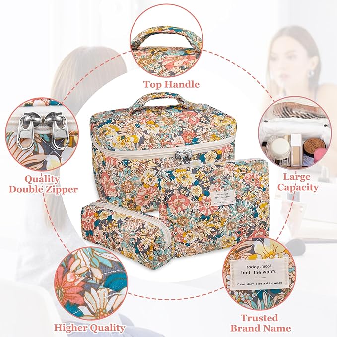 Makeup Bag Set, Quilted Makeup Bag, Large Floral Cosmetic Bag for Women, Cute Cotton Makeup Bags, Flower Travel Toiletry Organizer Bag (South Twigs Flower)