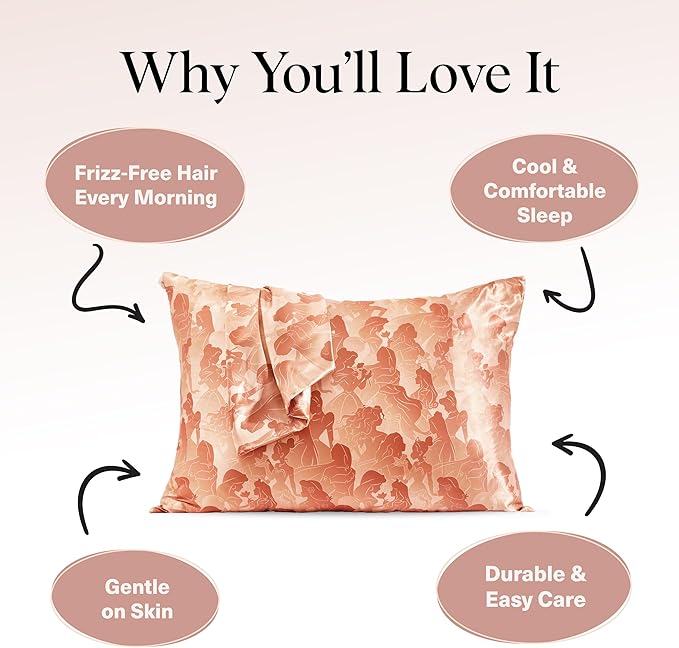 Kitsch & Disney Princess Satin Pillowcase with Zipper for Hair & Skin - Softer Than Silk Pillow Cases, Smooth Pillow Covers, Wrinkle-Free, Queen/Standard (19x26)