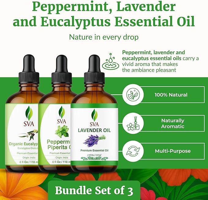 SVA Peppermint, Lavender and Eucalyptus Essential Oil 4oz Bundle Super Saver Combo – Premium Grade Value Set for Aromatherapy, Scalp Massage, Hair Care, Skin & Body