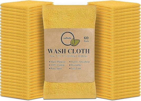 Softolle 100% Cotton Washcloths 60 Pack (12x12 Inches) Soft, Highly Absorbent Washcloth, Face Towels, Wash Cloths for Face, Ring Spun, Bulk Pack (Yellow)