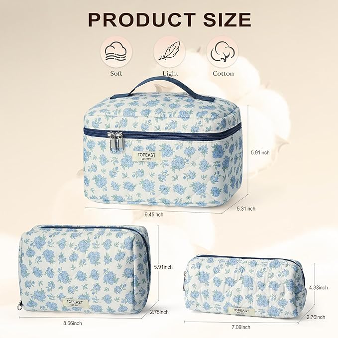 TOPEAST Makeup Bag for Women Girl, 3Pcs Large Cotton Travel Make up Bags, Cute Quilted Floral Cosmetic Pouch with Zipper, Potable Brushes Toiletry Bag Sets, Blue Floral