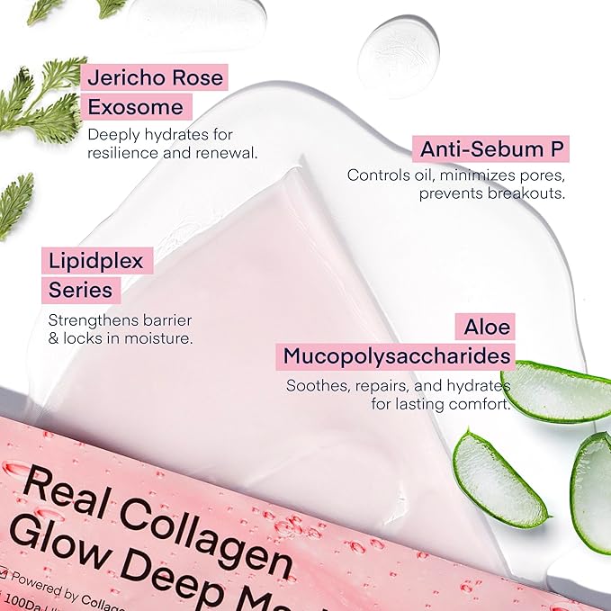 TEREZ & HONOR Korean Real Deep Bio Collagen Face Mask - 4 x 33g Hydrogel Overnight Masks for Deep Hydration, Glowing, Pore Minimizing, Elasticity, Fragrance-Free, 100 Da Ultra-Low Molecular Collagen