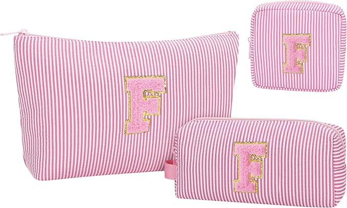 MONSTINA Personalized Initial Makeup Bag for Women,Monogram Make Up Case for Girlfriend Bridesmaid Wife,Birthday Gift for Her Cute Toiletry Bag,3PCS,Pink F