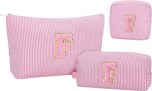 MONSTINA Personalized Initial Makeup Bag for Women,Monogram Make Up Case for Girlfriend Bridesmaid Wife,Birthday Gift for Her Cute Toiletry Bag,3PCS,Pink F