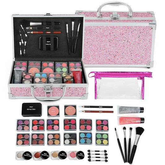 Anpro All-In-One Makeup Carry Case with Pro Teen Makeup Set, Full Starter Cosmetics Kit with Makeup Brushes, Lipsticks, Eye Shadows Palette, Blushes, Glitter Gel-Pink