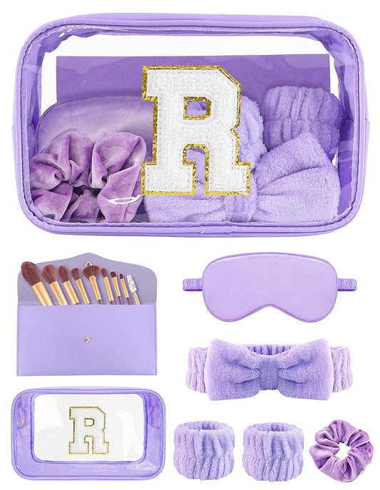 Gift Sets for Women, Initial Makeup Bag with Makeup Brush Set Bachelorette Party Favors, Purple Spa Kit with Skincare Headbands Wrist Bands Sleepover Party Supplies Gifts for Teen Girls Bridesmaid R