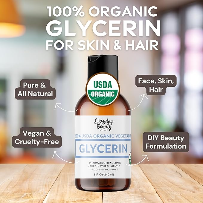 Everyday Beauty 100% Organic Glycerin - USDA Certified - Perfect for DIY Beauty Products, Crafts, and Formulations - Derived From Coconut - Skin and Hair Moisturizer for Deep Hydration - 8 Fl Oz