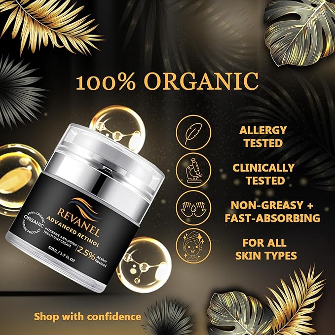 Advanced Retinol 100% Organic Intensive Anti-Aging Treatment Cream – 2.5% Active Retinol Moisturizer for Face & Neck, Reduces Wrinkles, Improves Skin Texture and Firmness 50ml / 1.7 fl. oz. (1)