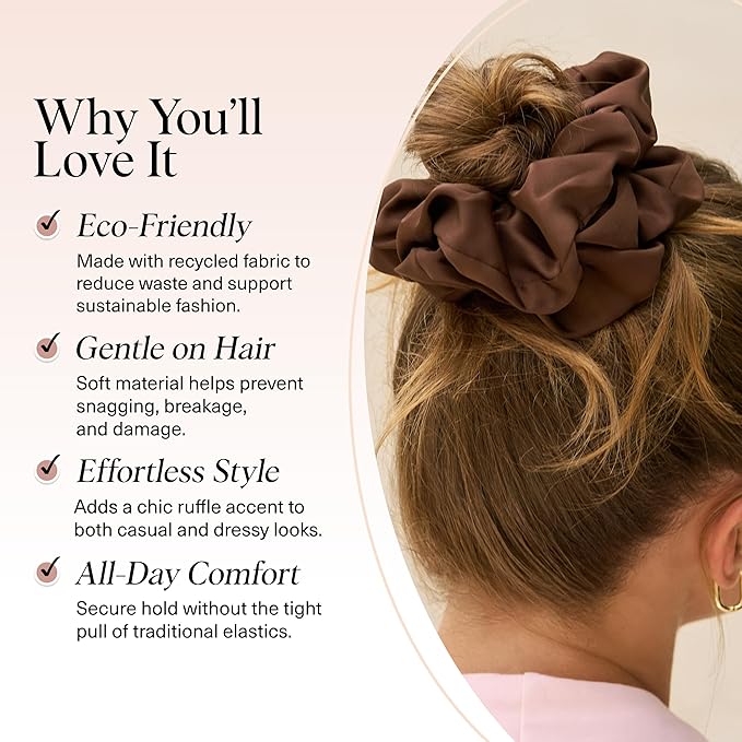 Kitsch Recycled Satin Oversized Scrunchies – Large Hair Scrunchies for Women, Eco-Friendly Hair Ties & Ponytail Holders | Ideal Gifts for Women - Black & Chocolate, 2pcs