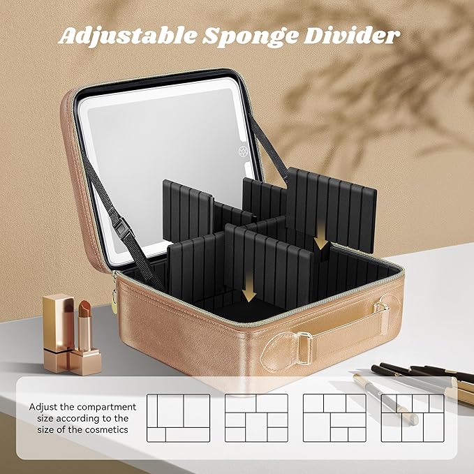 JUSRON Travel Makeup Bag With LED Mirror, Cosmetic Train Case with Light up Mirror, Portable Makeup Artist Organizer Bag with Adjustable Dividers, Makeup Brush Holder Storage (Rose Gold, Medium)