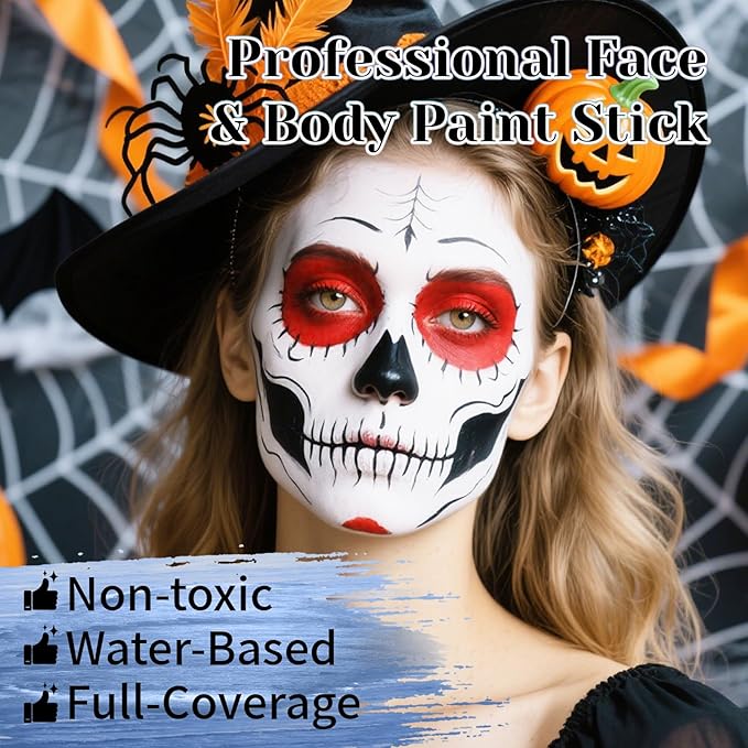 Black White Red Face Body Paint Stick Set with Translucent Setting Powder and Sponges, Professional Full Coverage Face Painting for Adults Halloween Cosplay SFX Spiderman Joker Devil Makeup