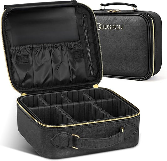 JUSRON Portable Makeup Bag with Adjustable Dividers, Makeup Brush Holder Storage (Black No Mirror, Small)