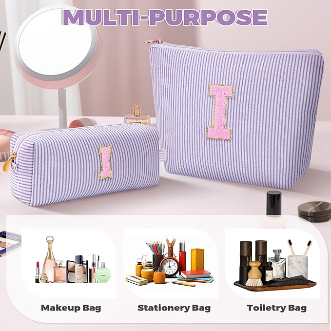 Personalized Makeup Bag for Women Girls - Fashion Cosmetic Bag Trendy Travel Toiletry Bag with Initials Letter - Teen Gifts - Lavender,I