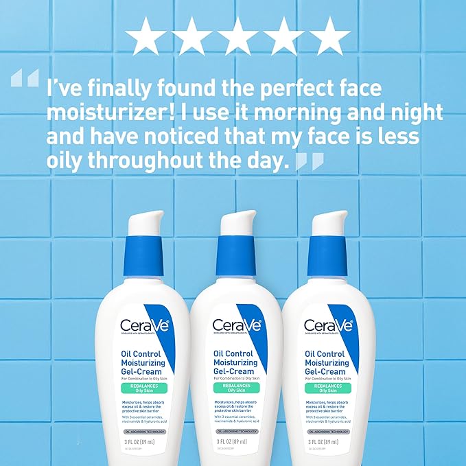 CeraVe Oil Control Moisturizing Gel-Cream, Face Moisturizer for Oily Skin, Niacinamide, Hyaluronic Acid & Oil Absorbing Technology To Rebalance Oily Skin, Non-Comedogenic, Fragrance Free & Oil-Free