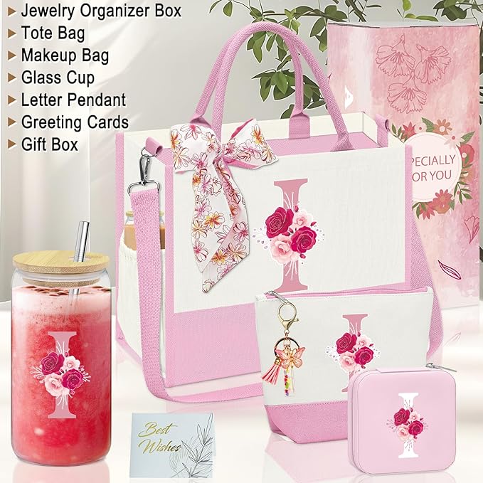 Gifts for Women,Initial Canvas Tote Bag,Personalized Gift for Woman,Monogrammed Gifts for Women,Initial Makeup Bag,Birthday Gift for Mom,present for Niece Sister-I