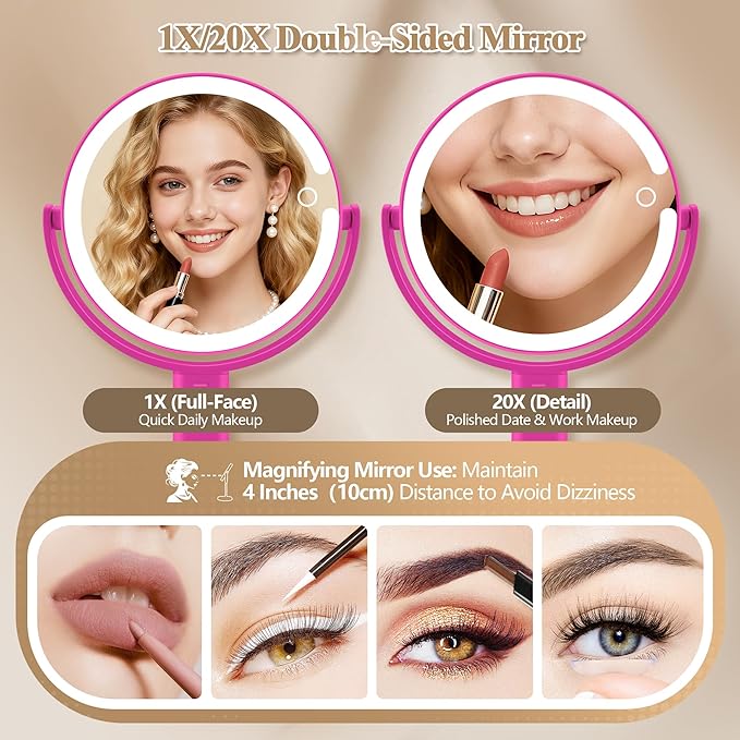 Makeup Mirror with Lights, Double Sided 1x/20x Magnifying Mirror with Light, Rechargeable 3 Color Lights and Adjustable Brightness, 360° Rotation Detachable Comes with Tweezer(Hotpink)
