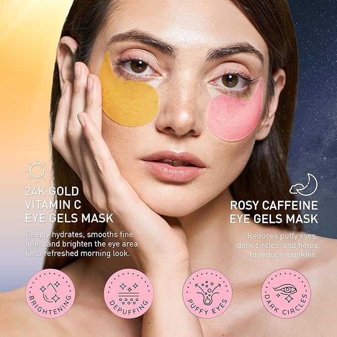 Under Eye Patches Kit: 120 Pcs Rosy Caffeine & 24K Gold Gel Eye Mask for Dark Circles, Puffiness and Wrinkles - Anti-Aging Pads with Niacinamide, Collagen, Hyaluronic Acid & Vitamin C (2 Pack)