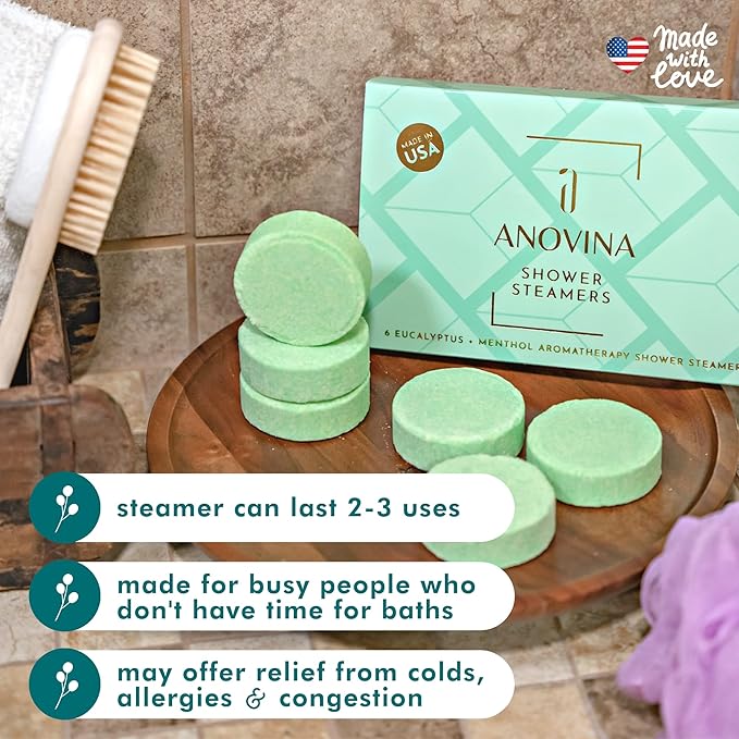 Anovina Eucalyptus & Menthol Shower Steamers – Aromatherapy Shower Tablets with Soothing Vapors – Made in USA – Shower Bomb Gift Set for Men & Women