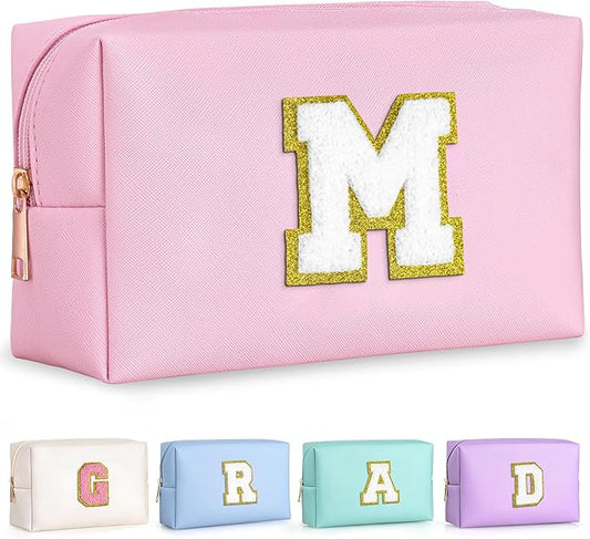 TOPEAST Initial Makeup Bag, Personalized Travel Small Cosmetic Bag Cute PU Pink Chenille Letter Makeup Pouch, Purse Waterproof Zippered Toiletry Organizer for Women Girls Kids Friends (Pink M)