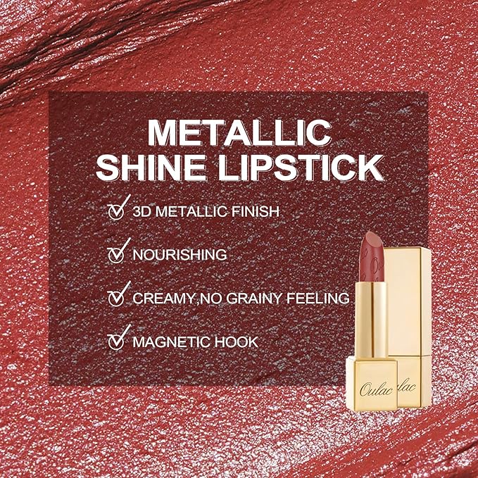Oulac Matte Terracotta Lipstick with Glow Metallic Finish - Vegan Lipstick for Women, Creamy Texture, Hydrating Clean Beauty Formula, High-End Magnetic Hook Design, GM05 Spice up