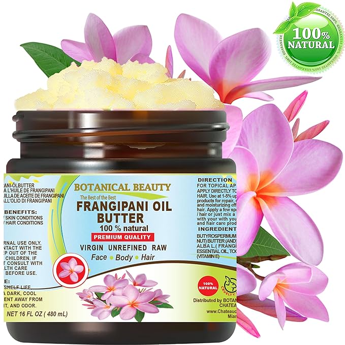 Botanical Beauty FRANGIPANI OIL BUTTER 100% Natural. Frangipani Essential Oil in Shea Nut Butter for FACE, SKIN, BODY, HAIR, NAILS. Beauty Skin Moisturizer Oil Butter. (16 Fl Oz)