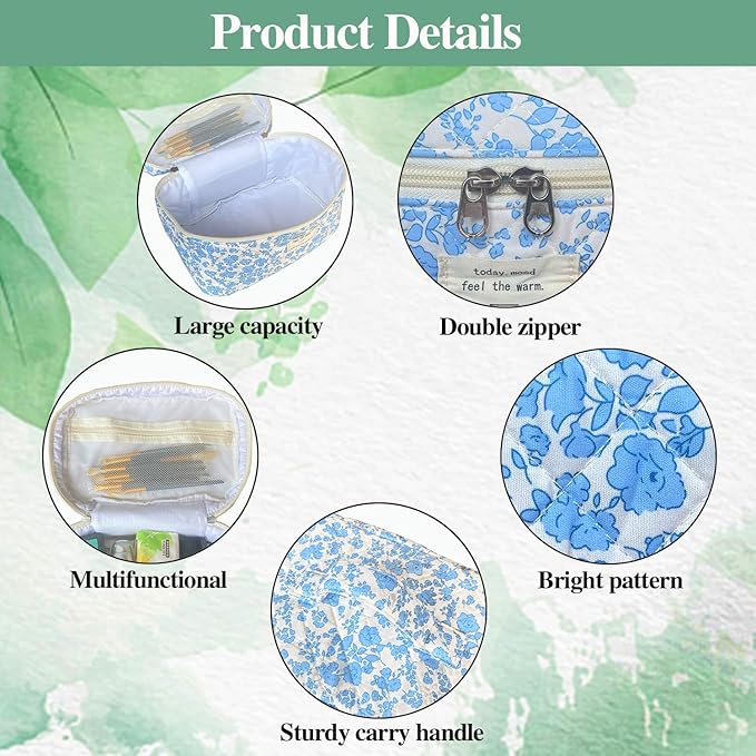 Blue Large Quilted Floral Makeup Bag Set of 3 Cute Coquette Aesthetic Cosmetic Bag Set Travel Toiletry Bag for Women