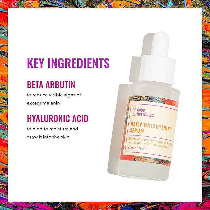 Good Molecules Daily Brightening Serum - Hyaluronic Acid Serum with Beta Arbutin to Target Dark Spots - Brightening and Anti-Aging Skin Care for Face