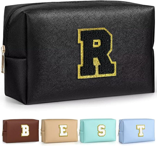 TOPEAST Cosmetic Travel Bags for Women, Preppy Small Makeup Bag, PU Leather Waterproof Toiletry Bag, Unique Friendship Gifts for Friends Coworker, Cute Stuff for Girls (Black R)