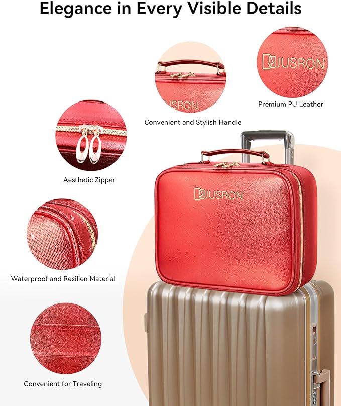 JUSRON Travel Makeup Bag With LED Mirror, Cosmetic Train Case with Light up Mirror, Portable Makeup Artist Organizer Bag with Adjustable Dividers, Makeup Brush Holder Storage (Red, Large)
