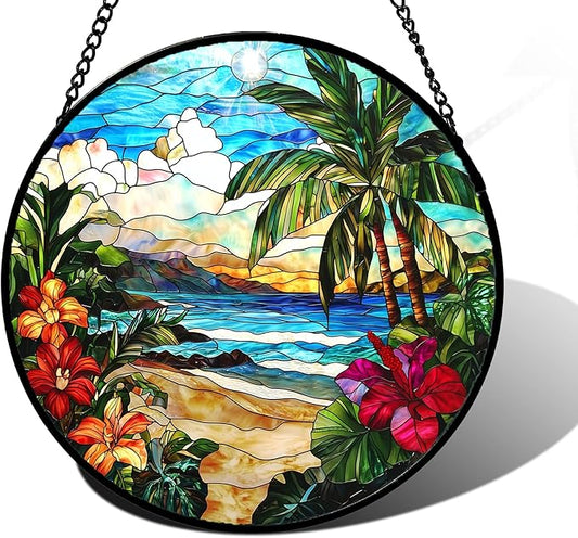 Stained Glass Window Hanging, Blue Beach Scenery Suncatcher Diamond Glass Panel Hangings Sun Catchers Decor for Birthday for Women, Men, Wife, Aunt, and Mom 7.8 in