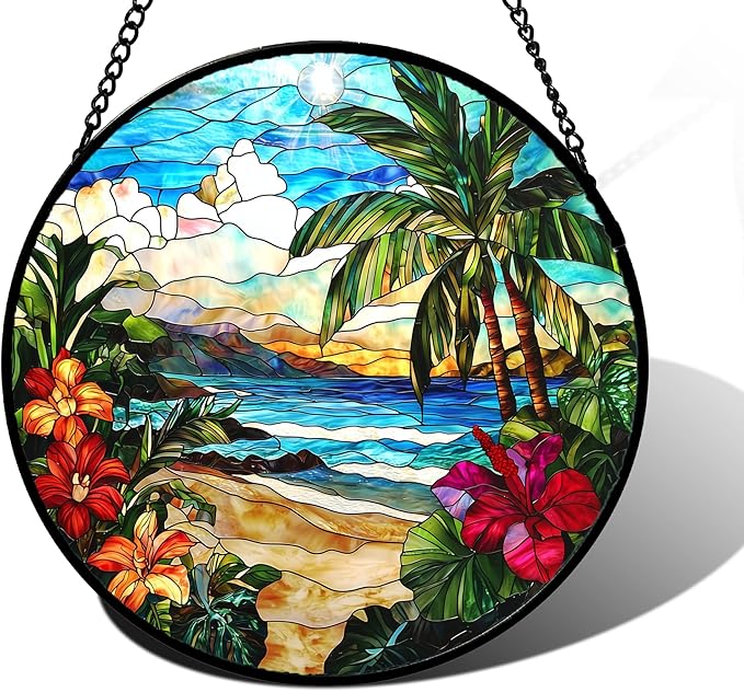 Stained Glass Window Hanging, Blue Beach Scenery Suncatcher Diamond Glass Panel Hangings Sun Catchers Decor for Birthday for Women, Men, Wife, Aunt, and Mom 6.3 in