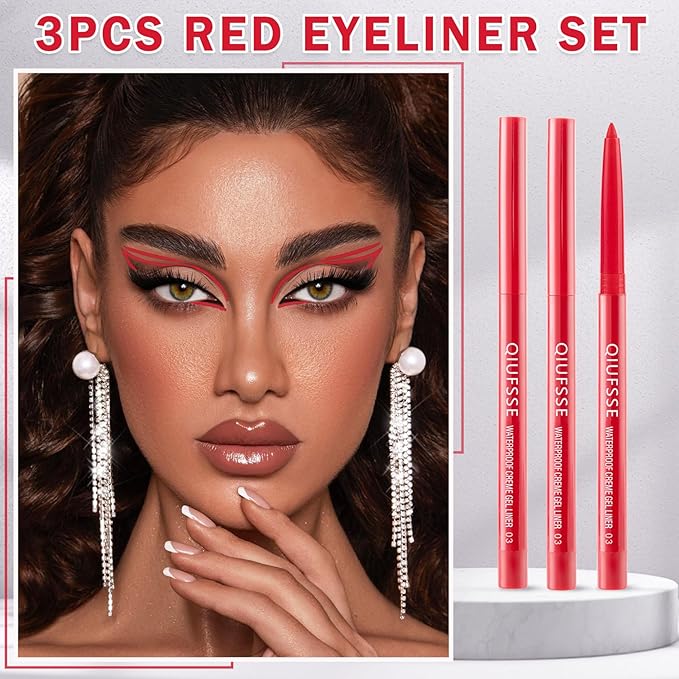3-Piece Red Eyeliner Pencil Set - Waterproof, Retractable, Easy to Use Eyeliner Pens for Women - Dark Red