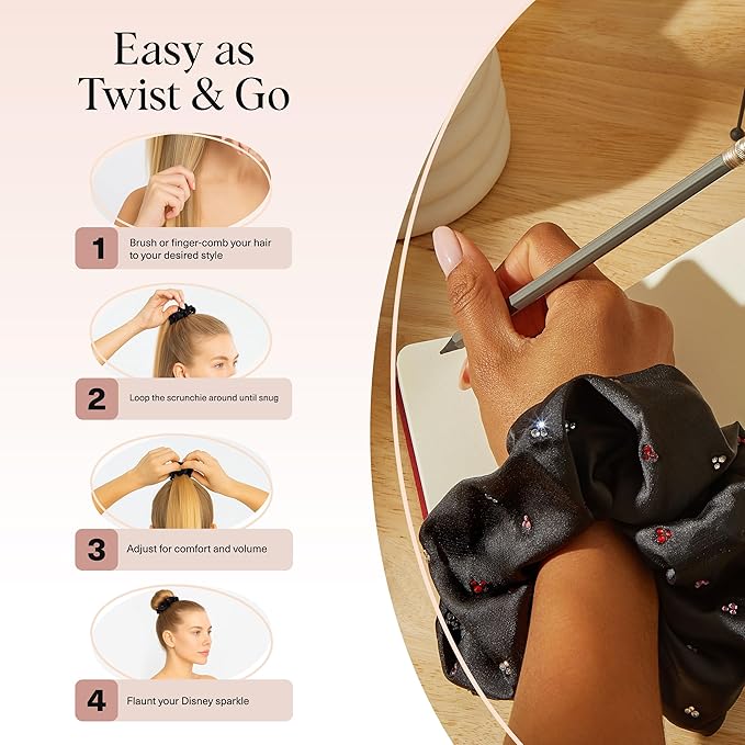 Kitsch & Mickey/Minnie Fabric Rhinestone Scrunchies for Women, Hair Scrunchies for All Hair Types, Recycled Polyester, Perfect for Updo or Half Up Ponytail | Ideal Gifts for Women (Black) - 1 Piece