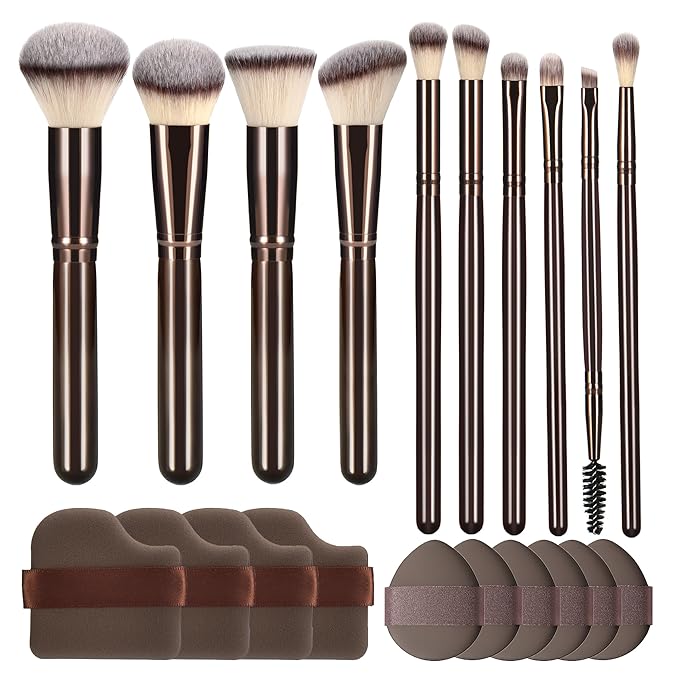 10 Piece Black brown Makeup Brushes and 10 Piece Makeup Sponge – Wooden Handle,with Soft Synthetic Bristles,|Professional Makeup Brushes set for Women & Girls|