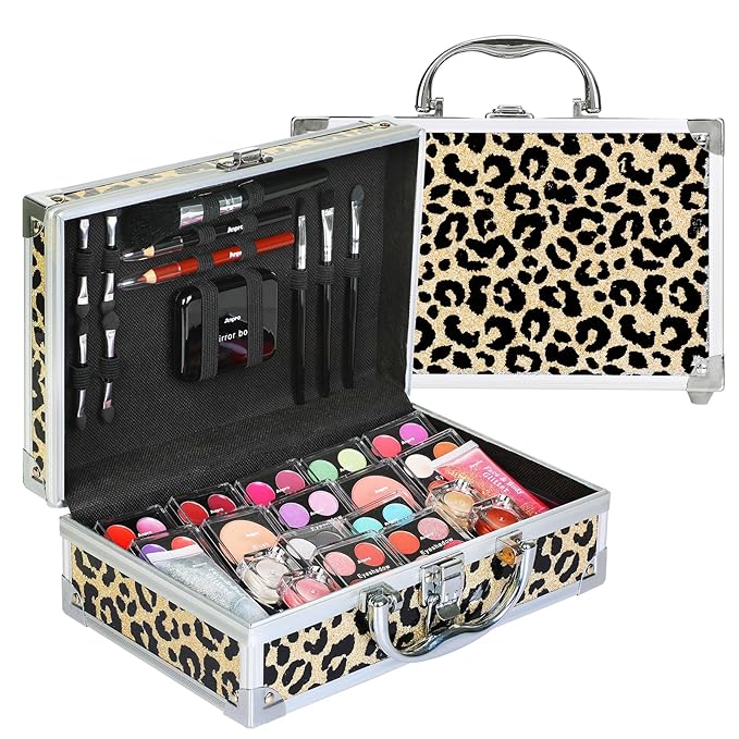 Anpro All-In-One Makeup Kit with Carry Case, Pro Teen Makeup Set, Full Starter Cosmetics Kit with Makeup Brushes, Lipsticks, Eye Shadows Palette, Blushes, Glitter Gel-Yellow Leopard