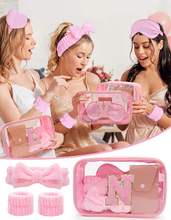 Gift Sets for Women, Initial Makeup Bag with Makeup Brush Set Bachelorette Party Favors, Pink Spa Kit with Skincare Headbands Wrist Bands Sleepover Party Supplies Gifts for Teen Girls Bridesmaid N