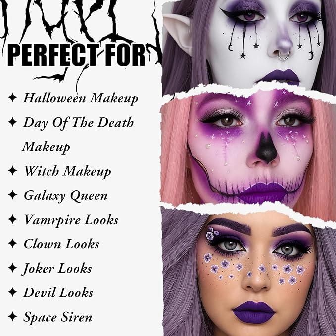 UCANBE Purple Halloween Makeup Kit – Witch Devil Sorceress Ursula Makeup Set for SFX Costume Cosplay - Eyeshadow Palette, White Foundation, Purple Lipstick, Black Eyeliner, Setting Powder & Sponges