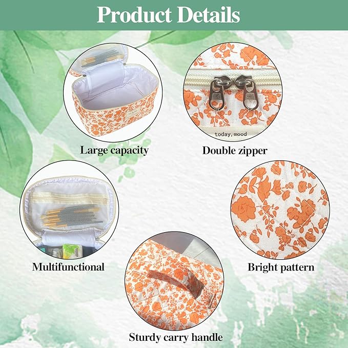 Orange Large Quilted Floral Makeup Bag Cute Soft Coquette Aesthetic Cosmetic Bag Cotton Travel Toiletry Bag for Women
