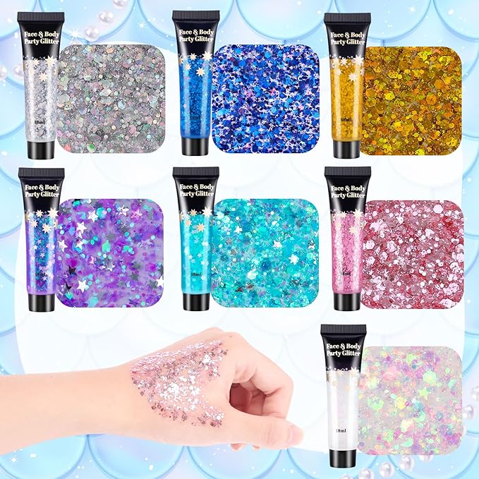 AROIC 14 Pcs Body Glitter - 7 Colors Mermaid Fairy Sparkle Makeup, Face & Hair Glitter Gel for Women Match with Mermaid Costume, Concerts Rave Accessories, Face Paint, Cosplay, Festival Birthday Party