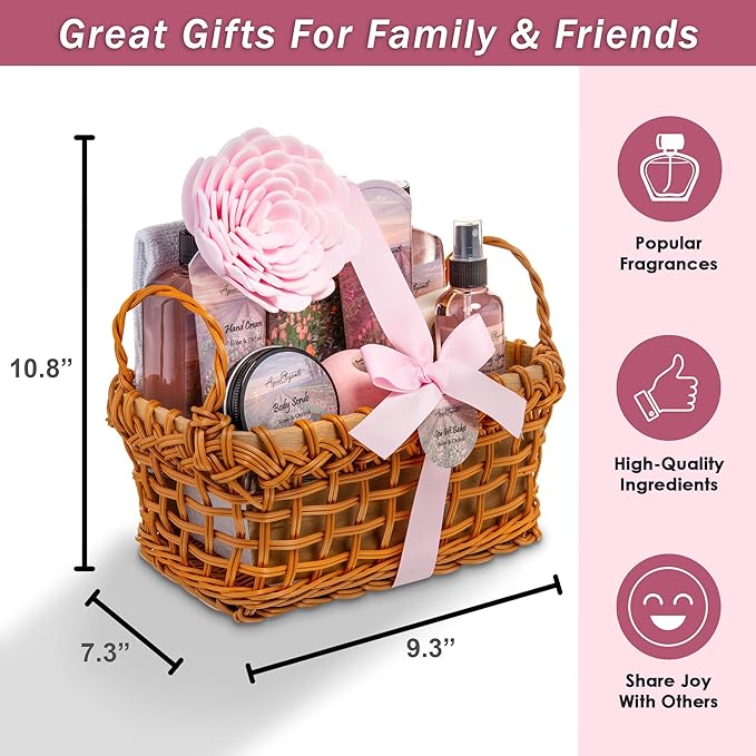 Spa Baskets For Women - Luxury Bath Set With Rose Oil & Orchid - Spa Kit Includes Wash, Bubble Bath, Lotion, Bath Salts, Body Scrub, Body Spray, Shower Puff, Bathbombs, Soap and Towel