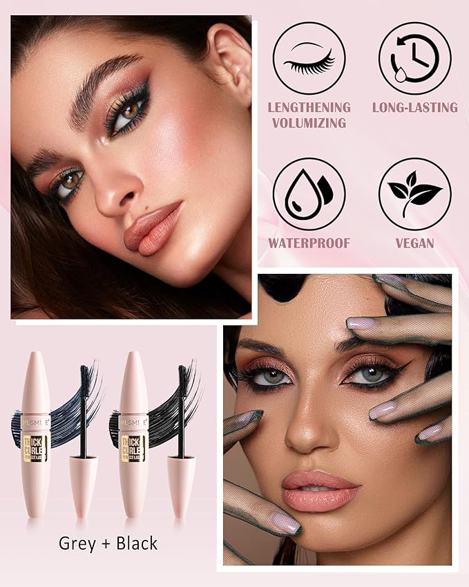 Grey + Black Waterproof Mascara, Lashes Extension Mascara with Dual-Sided Brush, Great for Lengthening and Volumizing Eyelashes, Colored Tube Máscara Fiber No Clumping, Long Lasting, Smudge-Proof -A